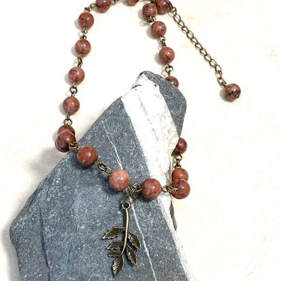 Genuine Red Jasper Short Necklace, Cute Bronze Leaf Branch + Natural Gemstone - Picture 4 of 14